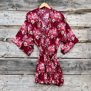 Burgundy Floral Cotton Robe Kimono Waist Tie Women’s One Size